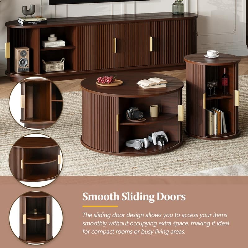 Mid Century Modern 74.8" TV Stand & Coffee Table Set for TVs up to 75", Wooden Media Console with Fluted Sliding Doors