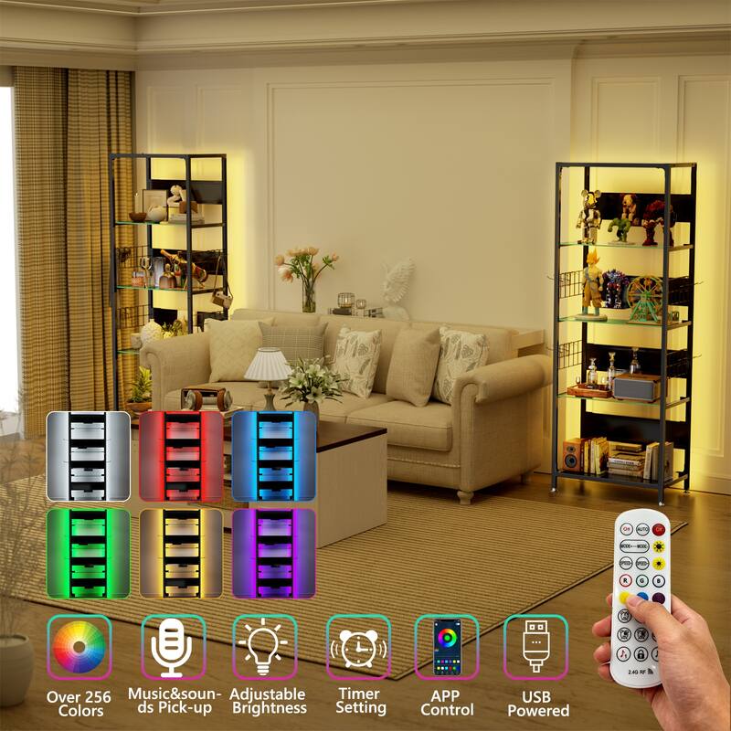 4 Tier Glass Display Shelf with RGB LED Lights, Metal Standing Curio Shelf with Adjustable Box and Hooks