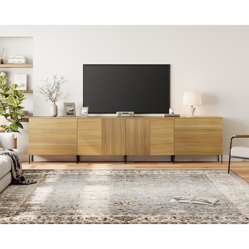 Modern Reeded Dresser TV Stand For Tvs Up To 120 Inch, Entertainment Center With Drawers - Oak