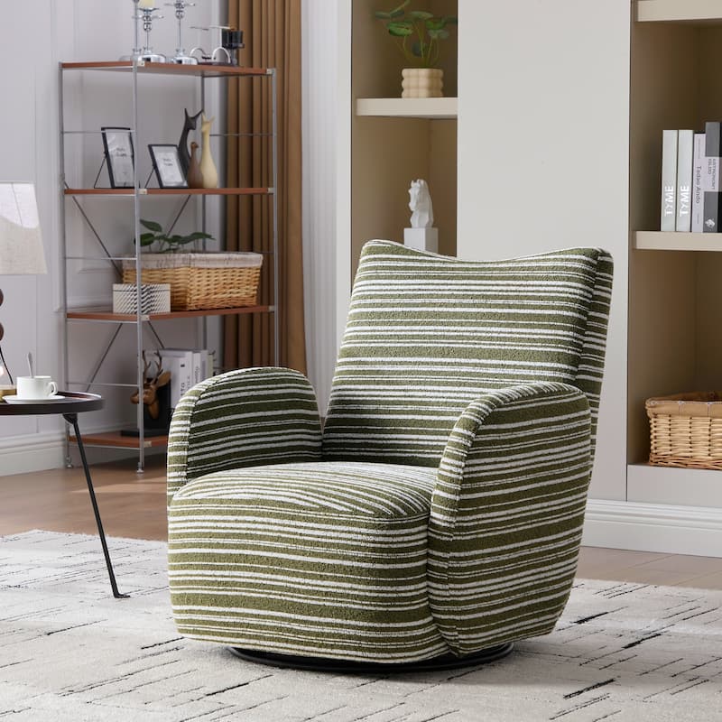 HOMEFUN Boucle Upholstered 360° Swivel Fabric Striped Armrest Leisure Chair for Living room and Bedroom - Olive Green