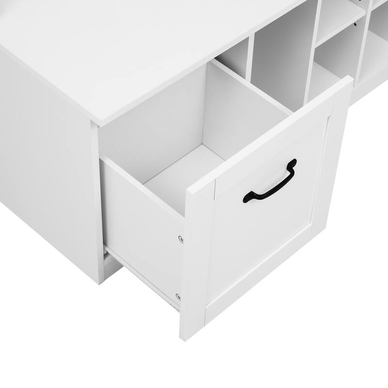 5-in-1 Entryway Bench with Coat Rack, 7 Sturdy Hooks, Adjustable Shelves, Drawers, and Metal Handles