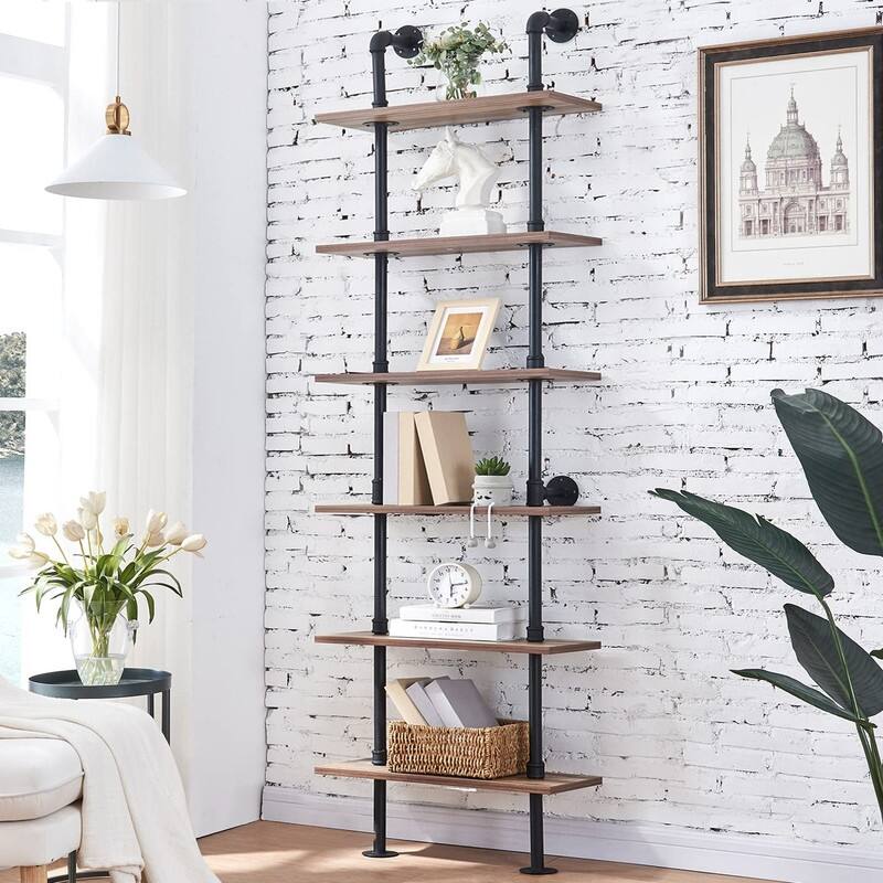 Industrial Pipe Bookshelf - 9.84"D x 23.62"W x 82.87"H - Brown-6-Tier
