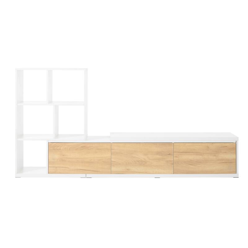 Modern Extended TV Stand with 3-Tier Bookshelves, Storage Cabinets and Sliding Tabletop, for Living Room, White