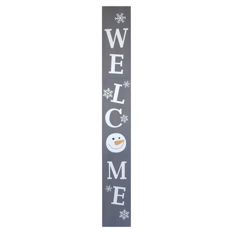 HomeRoots 72" Gray And White Solid Wood Welcome Christmas Snowman Porch Sign