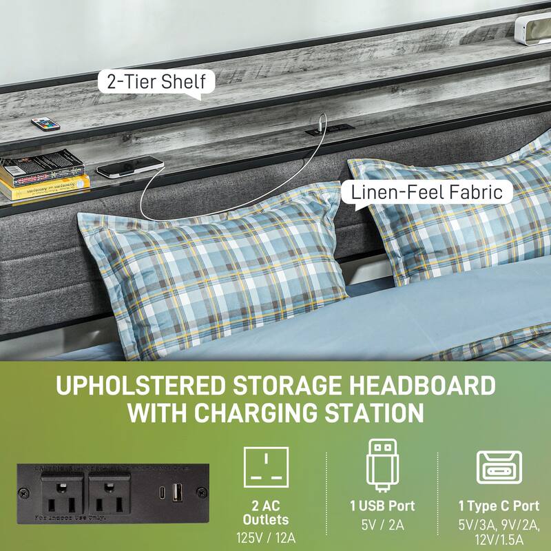 Upholstered Bed Frame with Storage Headboard,Charging Station - Gray
