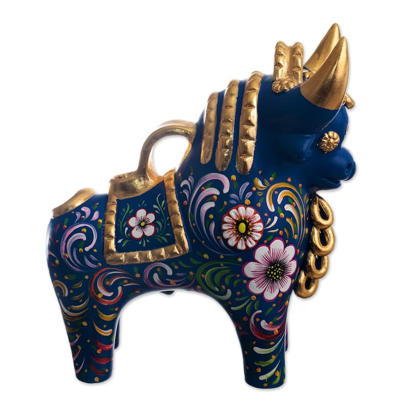 Novica Handmade Big Pucará Bull In Blue Ceramic Sculpture