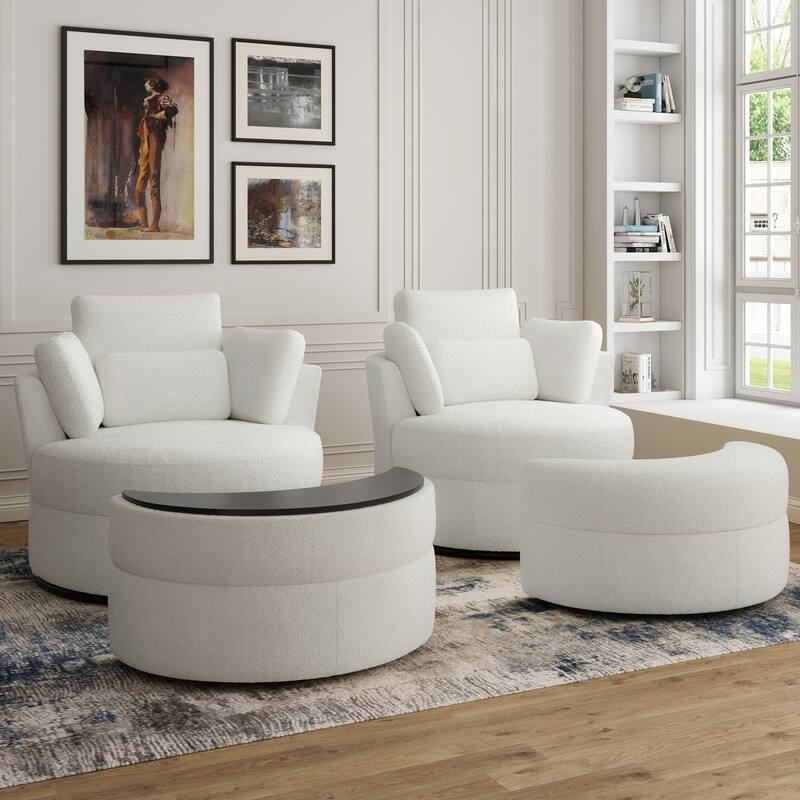 Chenille/Boucle Swivel Barrel Chair with Storage Ottoman - Chair Ottoman 2 Set - BOUCLE/IVORY/Set
