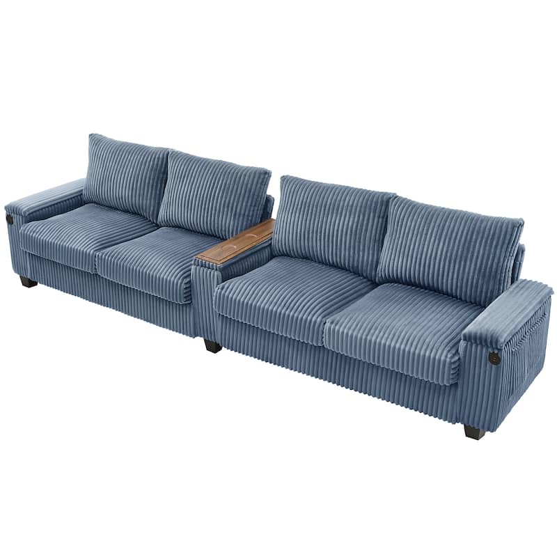 4 Seater Corduroy Sofa Couch with USB Ports and Storage Arms, 133" Modern Sofa with Side Pockets and Flip-Top Cup Holders