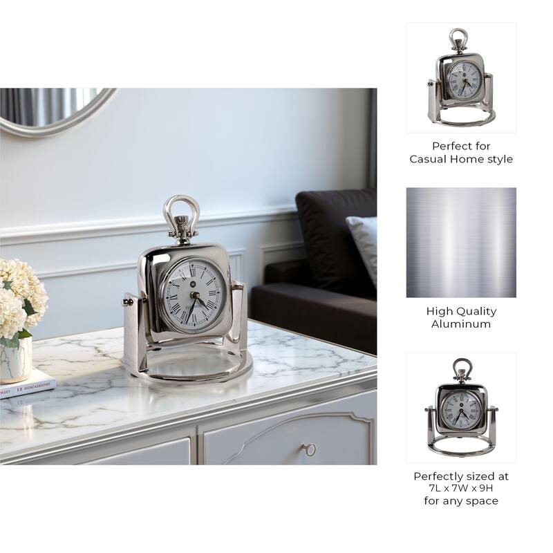 Metal Glass Desk Clock with Roman Numerals and Curved Frame Design - 7" x 7" x 9"