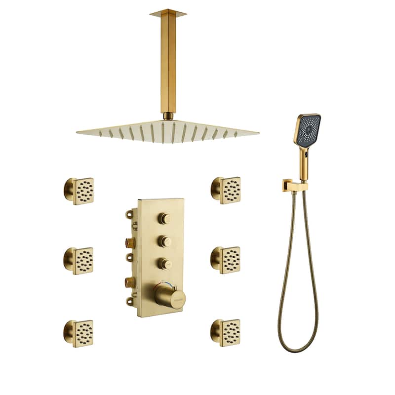Luxury Thermostatic Shower System 3-Spray Patterns Ceiling Mount Fixed Shower Head and Handheld Spray with 6 Body Jets