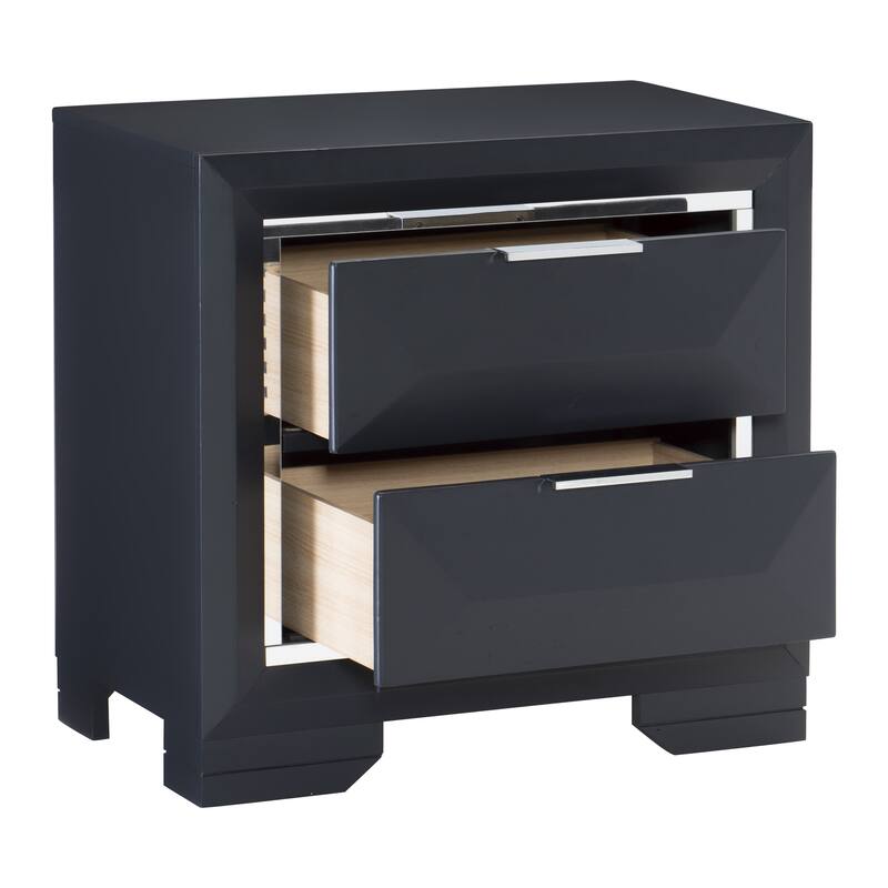 Modern Bedroom Nightstand of Two Drawers Beveled Acrylic Trim Wooden Furniture 1pc, Midnight Blue Finish