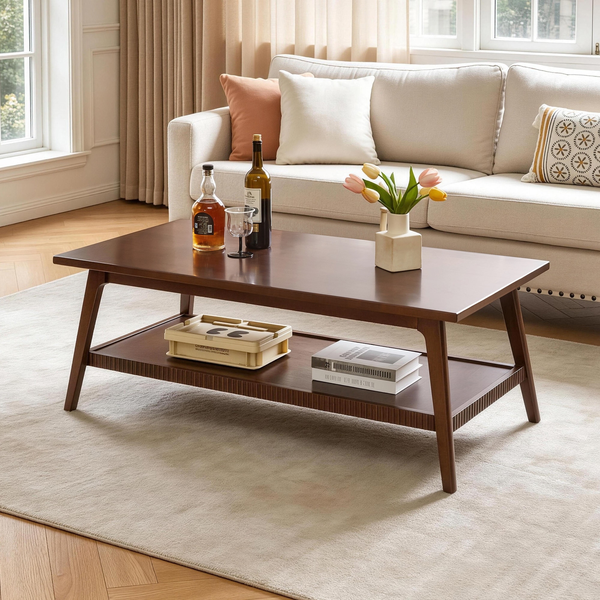 Solid Wood Coffee Table, Rectangular Living Room Coffee Table with Lower Storage Shelf, Wooden Center Cocktail Table for Home