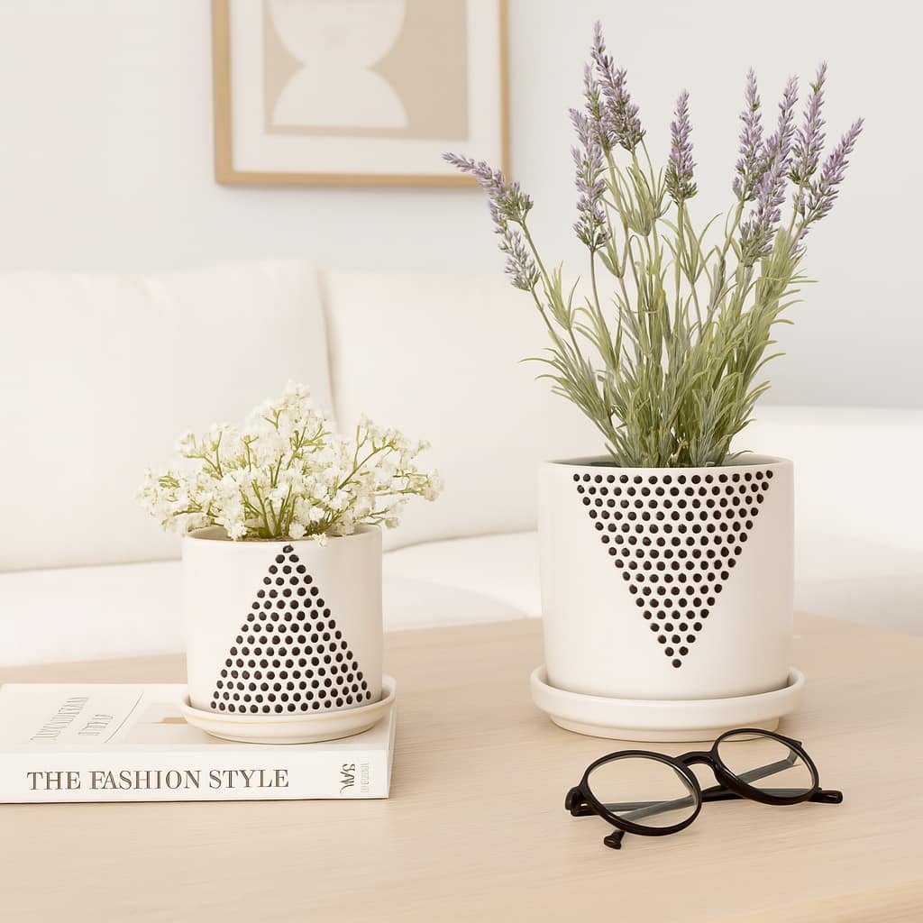 Ceramic Triangle Dots Saucer Planters Set - White, 5/6 in. - 6.0"