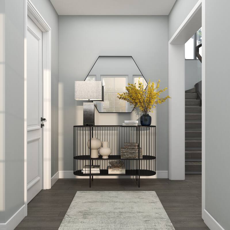 Metal Narrow Oval 2 Shelf Console Table with Open Wire Frame - Black - Roche River Decor