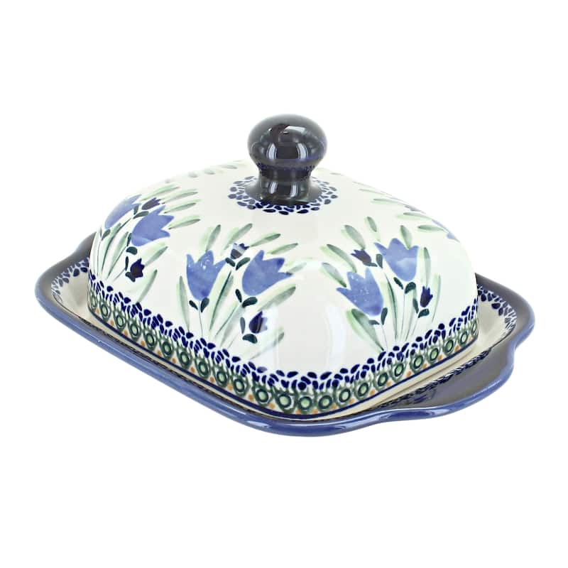 Blue Rose Polish Pottery 858 Zaklady Square Butter Dish - Blue Tulip