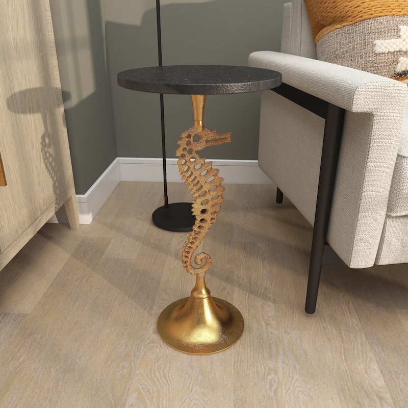Aluminum Metal Sea Horse Pedestal Side End Accent Table with Tray Top - Silver or Gold - Roche River Decor