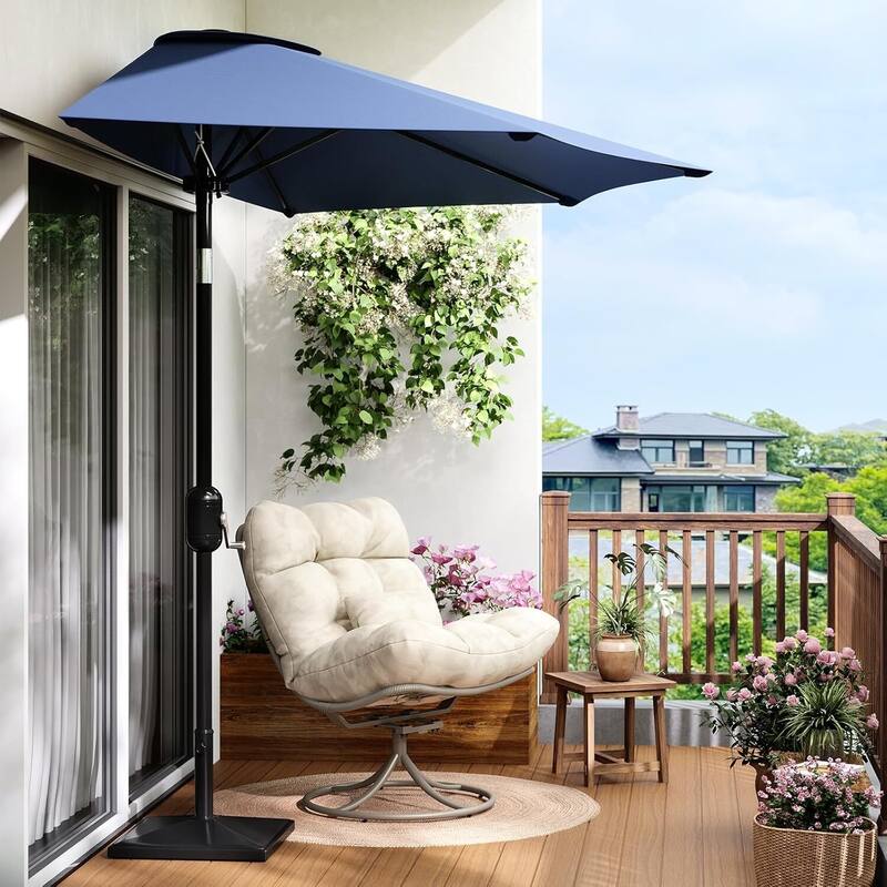 9FT Half Patio Umbrella with Smooth Crank Lift, Shade Canopy for Patio, Backyard, Garden (No Base) - Navy Blue