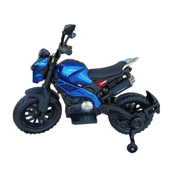 slide 2 of 24, Kids Ride On Motorcycle, 12V Electric Dirt Bike With Training Wheels, PU Seat, Hand Racing Foot Brake, USB, MP3 Blue