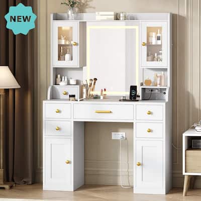 Large Makeup Vanity Desk with LED Mirror, RGB Cabinets, Charging Station, 6 Drawers