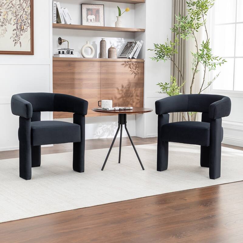 SEYNAR Modern Velvet Accent Chair Set of 2, Upholstered Barrel Armchair with Curved Back and Thickened Padded Seat - Black