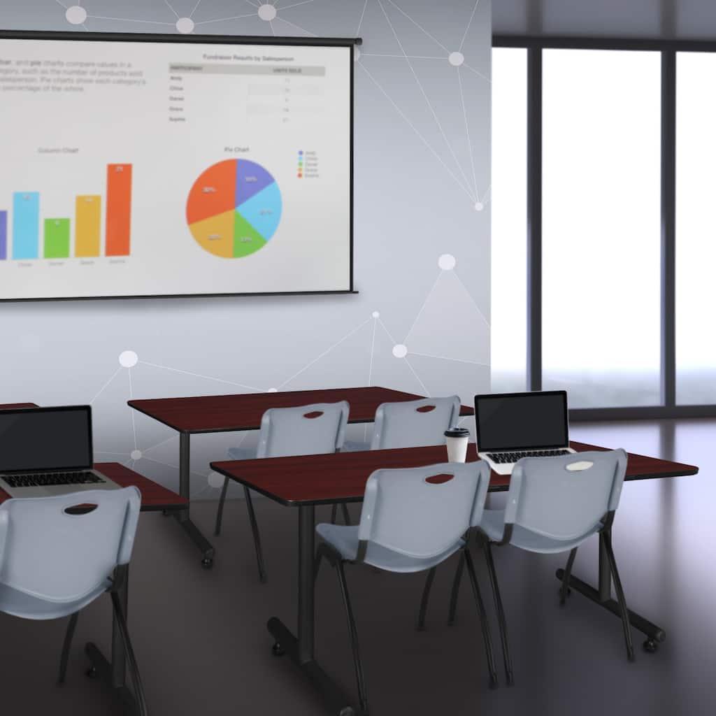 48" x 24" Training Table- Mahogany & 2 'M' Stack Chairs- Grey - 48 x 24 inches