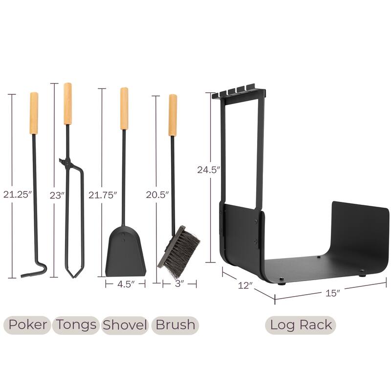 Lavish Home 5PC Fireplace Tool Set with Firewood Rack Stand (Black)
