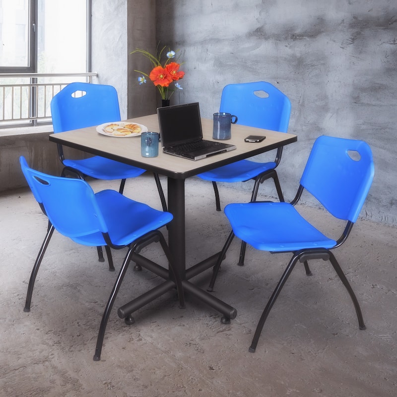 36" Square Breakroom Table- Maple & 4 'M' Stack Chairs- Blue - 36
