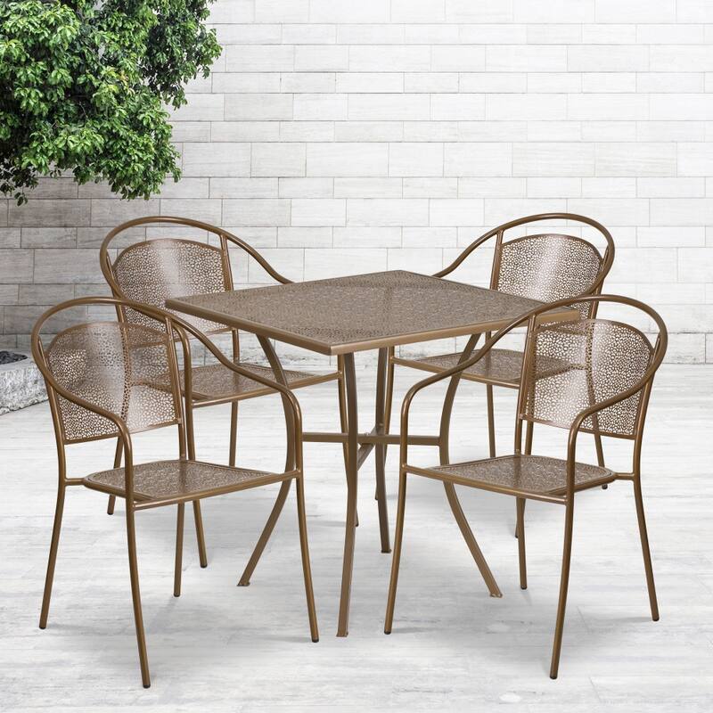 28'' Square Indoor-Outdoor Steel Patio Table Set with 4 Round Back Chairs - Gold