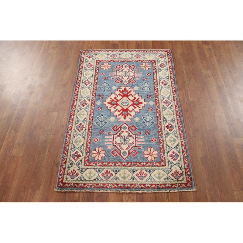 Light Blue Kazak Foyer Rug Hand-Knotted Geometric Wool Carpet - 2'9" x 4'1"