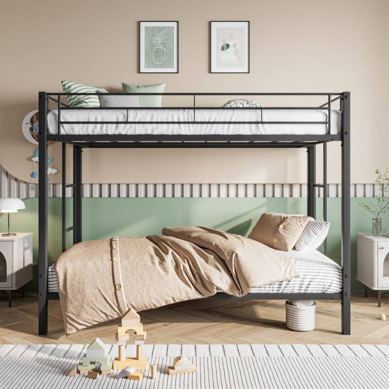 Heavy Duty Twin Over Twin Bunk Beds with shelf and Slatted Support - Black - Twin