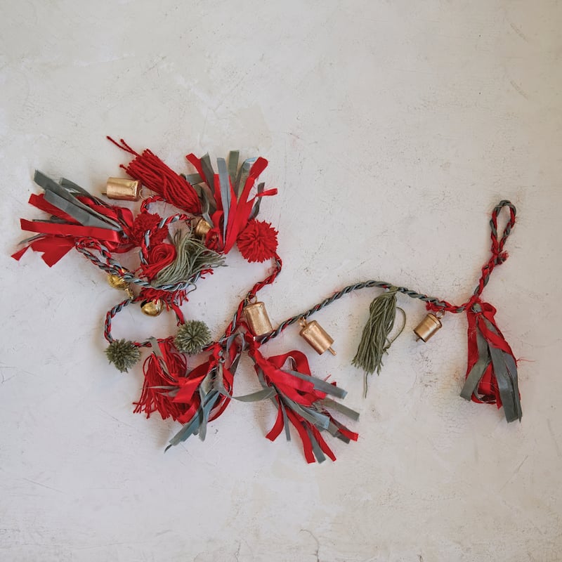 Metal Bells Garland with Pom Poms, Tassels and Fabric - Multi - 72.0