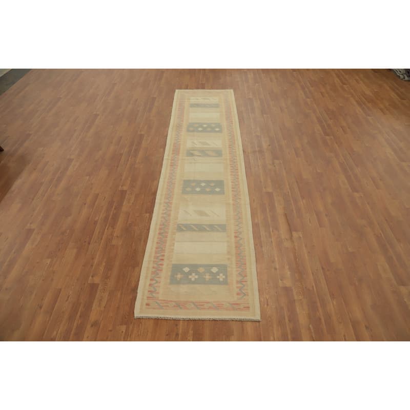 Hand Woven Oriental 100% Wool Carpet Southwestern Tribal Beige & Ivories Kilim Runner Rug - 11' 5'' X 2' 8''