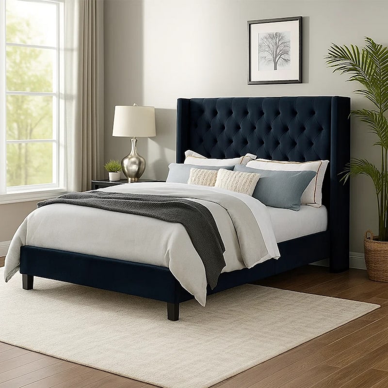 Hiu King Size Bed, Wingback Headboard in Black Velvet Like Upholstery
