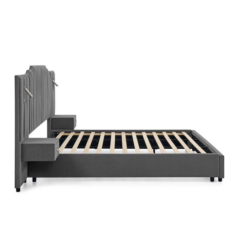 King/Queen Velvet Bed Frame with Vertical Stitch Headboard & Side Table