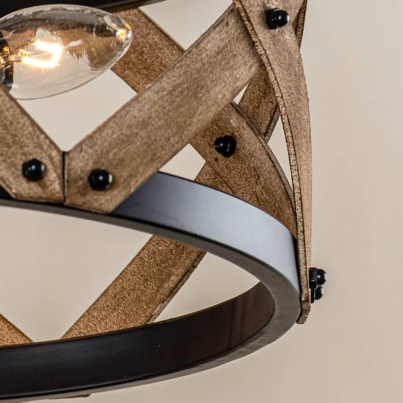 Farmhouse Distressed Wood Drum Flush Mount Light - 14.96 inches