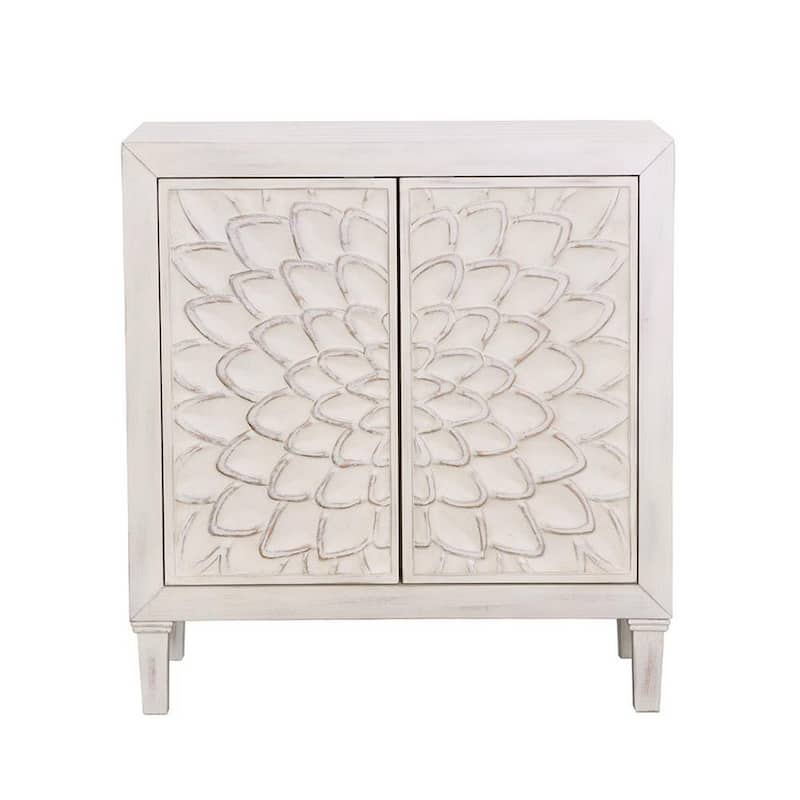 2 Door Wooden Accent Cabinet with Floral Carving, Distressed Whitewash