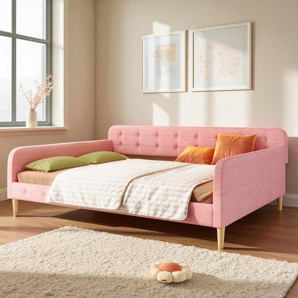 Queen Size Upholstered Daybed with Linen Fabric, Solid Wood Frame, 800 lb Capacity, No Box Spring Needed