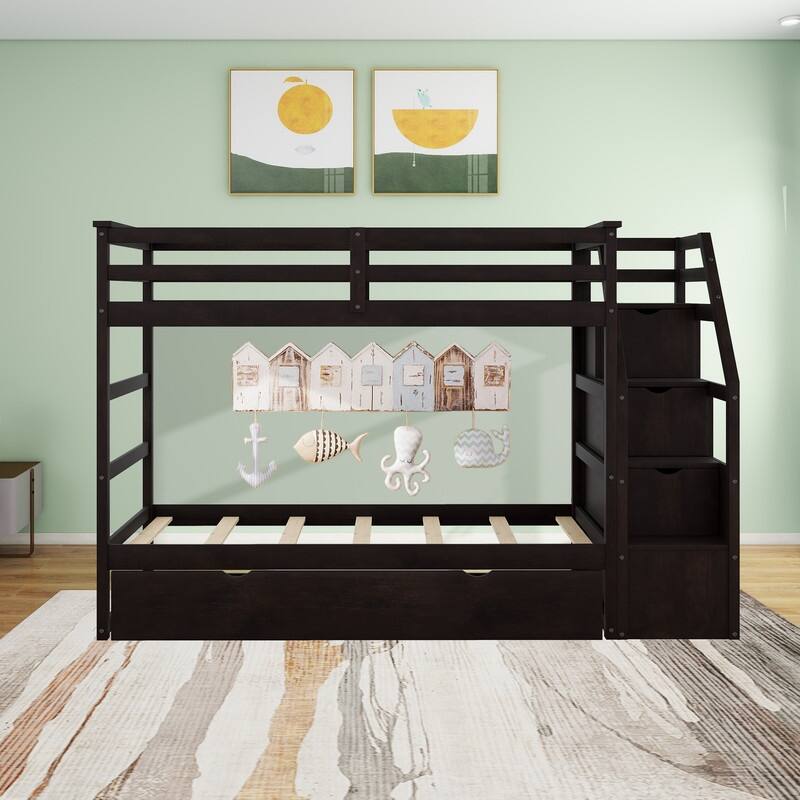 Twin Over Twin Bunk Bed with Trundle and 3 Storage Stairs for Kids/Teens/Adults - Espresso