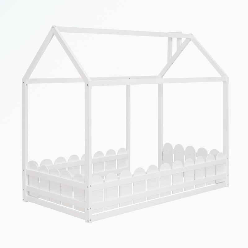 Twin Size Wood Bed House Bed Frame with Fence
