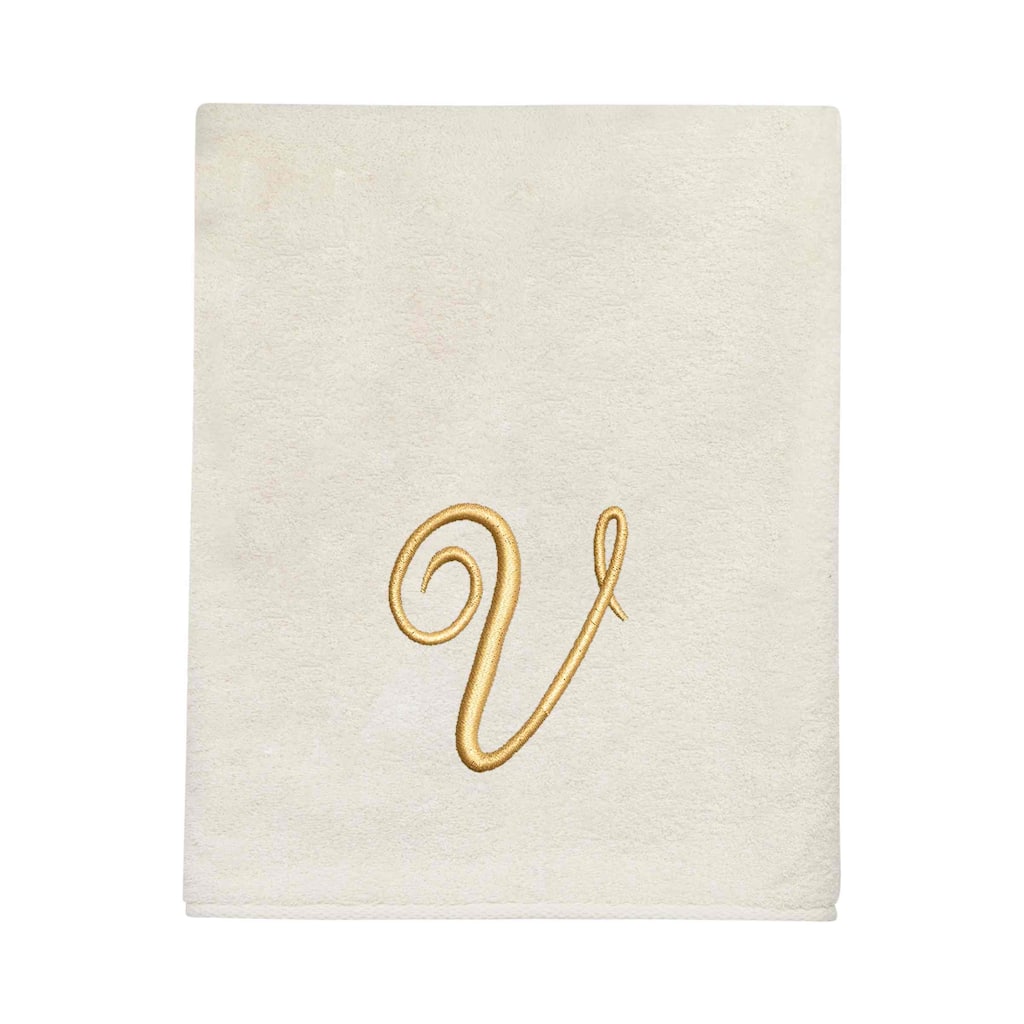 Avanti Ivory with Gold Script Monogram Bath Towel Letter V - Bath Towel