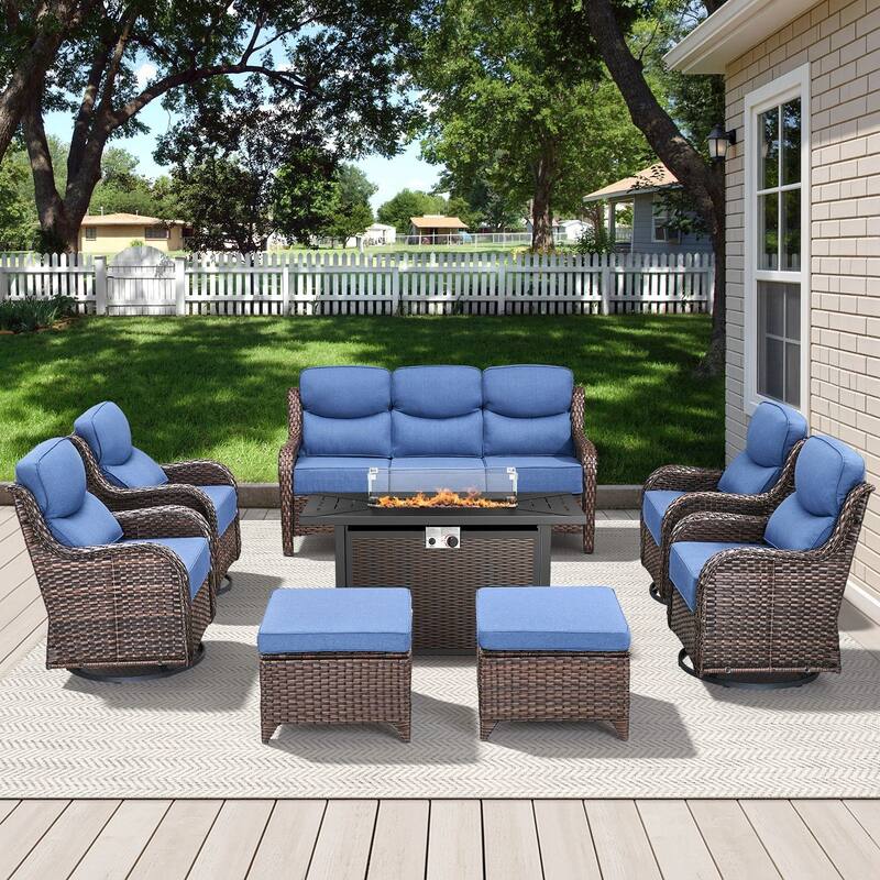 Arcadia 8-Piece PE Wicker Patio Seating Set with Durable All-Iron Fire Pit and 6-Inch Cushions