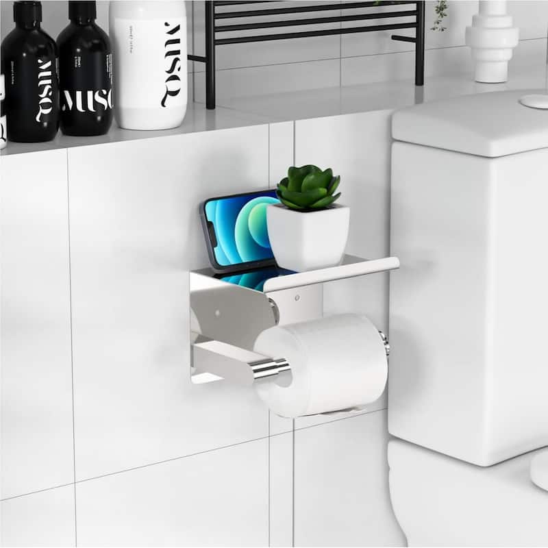 Stainless Steel Self-Adhesive Wall Mounted Toilet Paper Holder with Shelves for Bathroom, Kitchen, RV