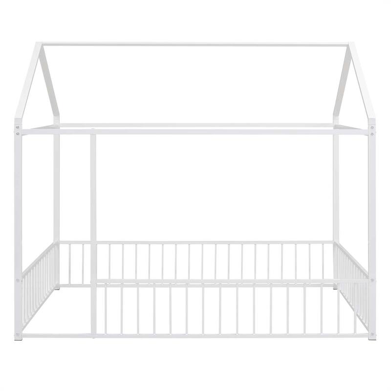 Full Size Metal Bed House Bed Frame with Fence