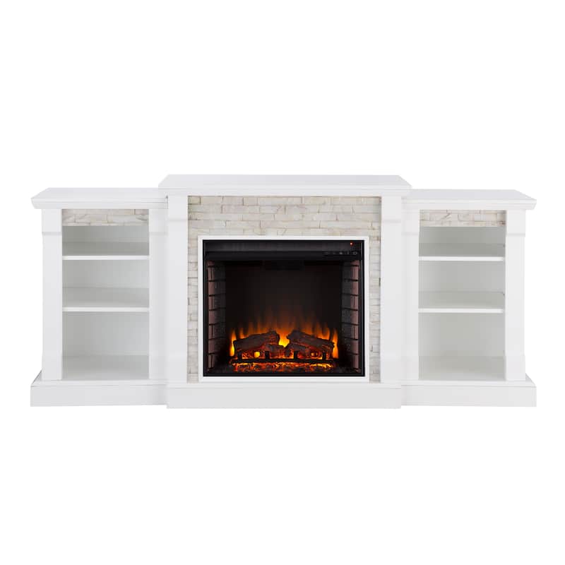 SEI Furniture Remote Controlled LED Electric Fireplace with Mantel in White Stone and Storage