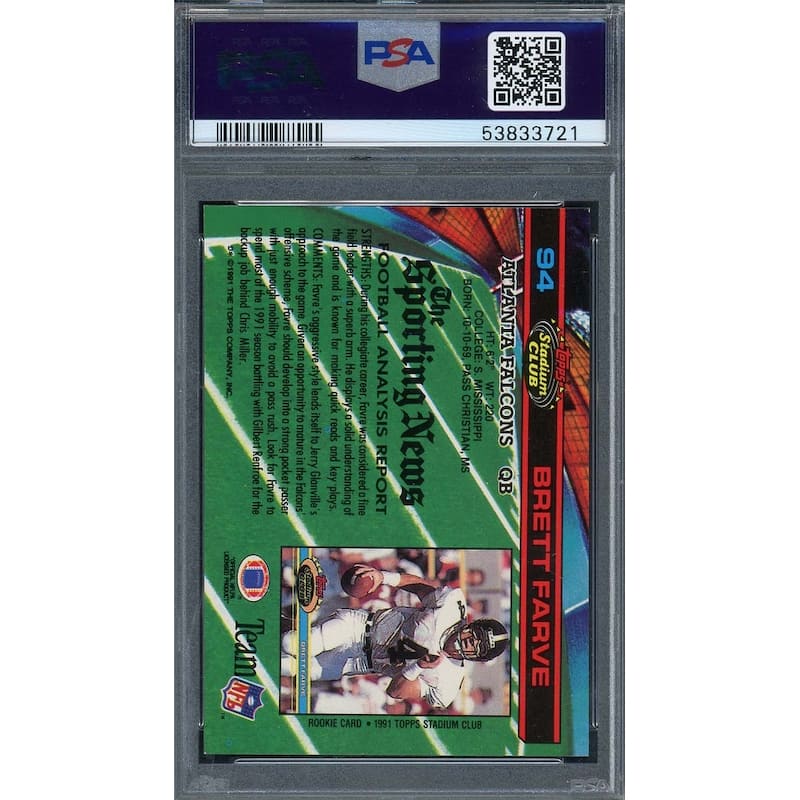 Brett Favre 1991 Stadium Club Football Rookie Card #94 PSA 8 - 8'6" x 11'6"