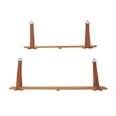 Wood 2 Shelves Wall Shelf with Faux Leather Straps - Set of 2 Brown - CosmoLiving by Cosmopolitan - 6"W x 24"L x 9"H
