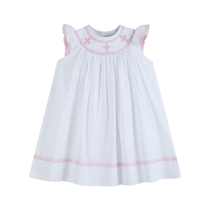Lil Cactus White and Pink Cross Smocked Bishop Dress