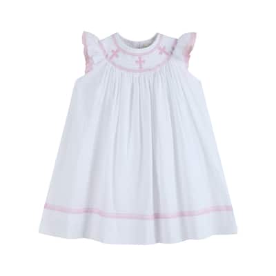 Lil Cactus White and Pink Cross Smocked Bishop Dress