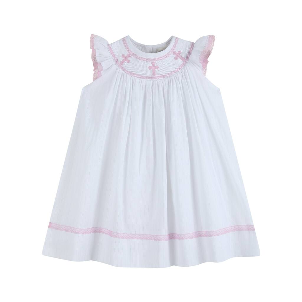 Lil Cactus White and Pink Cross Smocked Bishop Dress