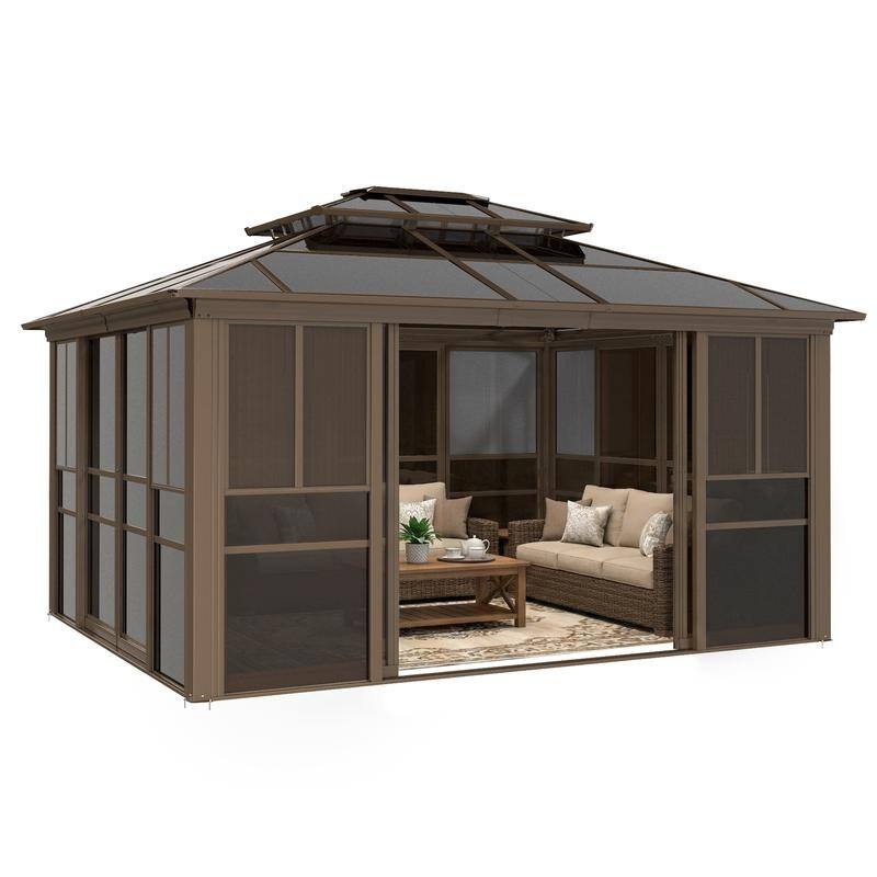 EROMMY Sunroom Gazebo with Double Roof, Adjustable Windows & Lockable Sliding Doors for Patio, Garden, and Backyard